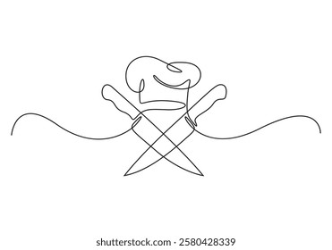 Chef hat continuous one line drawing. Chef hat or cap with knife for restaurant vector illustration