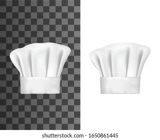 Chef hat or cook cap 3d vector mockups. White baker toque realistic design of professional uniform headwear of restaurant and cafe kitchen staff on transparent and white background