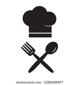 Chef hat, cook icon, kitchen and restaurant symbol, fork and spoon, catering culinry, black silhouette isolated on white background. Food illustration