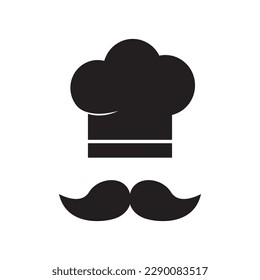 Sombrero de chef, ícono de cocinero, símbolo de cocina y restaurante, sombrero y bigote, cocina, silueta negra aislada de fondo blanco. Ilustración alimentaria