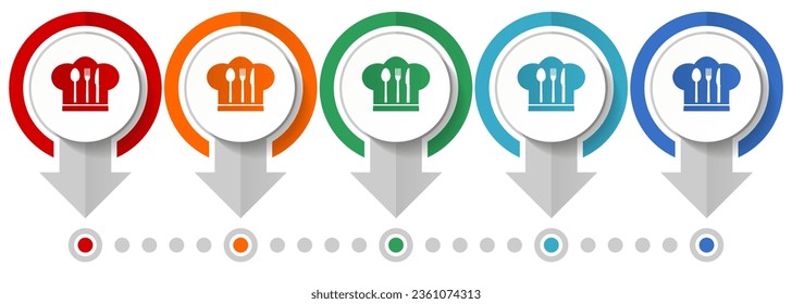 Chef hat, cook and kitchen vector icon set, flat design infographic template, set pointer concept icons in 5 color options for webdesign and mobile applications