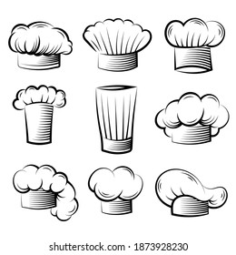 Chef hat. Cook professional clothes for preparing food on kitchen vector collection set