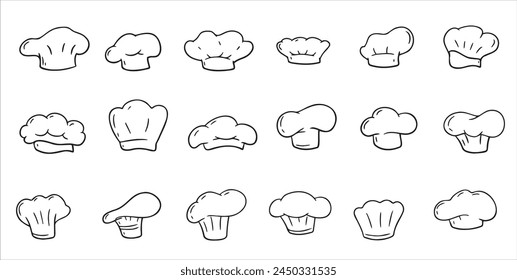 Kochmütze, Uniform kochen. Zeichenküche Bäckerei Kochmütze. Restaurant weiße Uniform. Set von Kochtuch. Sketch Italienisch Kulinarisch