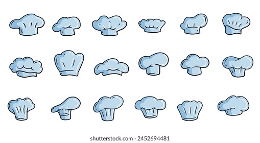 Chef hat, cook uniform. Drawing kitchen bakery cooker cap. Sketch italian culinary. Set of cooking cloth. Restaurant white uniform