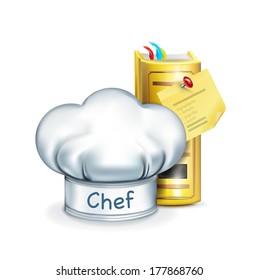 chef hat with cooking book isolated on white background