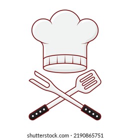 Chef Hat With Cross Bbq Fork And Spatula Over White Background.