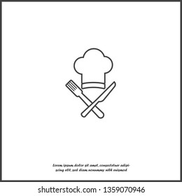Chef hat with cross knife and fork vector icon. Cap chef cooking on white isolated background. Layers grouped for easy editing illustration. For your design