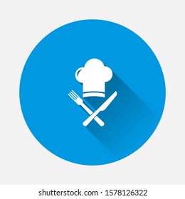 Chef hat with cross knife and fork vector icon icon on blue background. Flat image with long shadow.