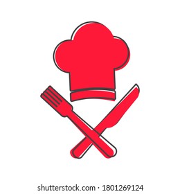 Chef hat with cross knife and fork vector icon. Cap chef cooking cartoon style on white isolated background.