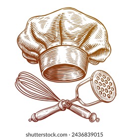 Kochmütze und gekreuzte Küchengeräte. Lebensmittelkonzept, Bäckerei Emblem. Handgezeichnete Skizze Vintage Vektor-Illustration