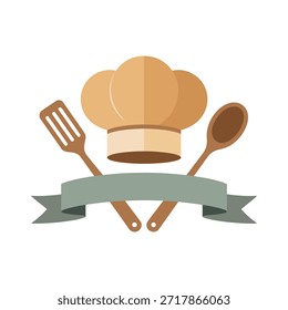 Chef hat and crossed kitchen utensils with green banner