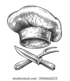 Chef sombrero y cuchillo cruzado, tenedor. Comida a la parrilla, emblema de barbacoa. Dibujado a mano boceto vintage ilustración vectorial