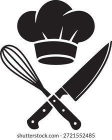 Sombrero del cocinero con el símbolo cruzado de la silueta del cuchillo y del batidor aislado en el fondo blanco