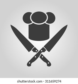 The chef hat and crossed knives icon. Cook, restaurant, cafe symbol. Flat Vector illustration