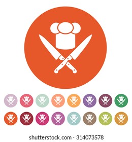 The chef hat and crossed knives icon. Cook, restaurant, cafe symbol. Flat Vector illustration. Button Set