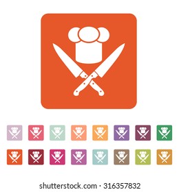 The chef hat and crossed knives icon. Cook, restaurant, cafe symbol. Flat Vector illustration. Button Set