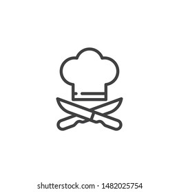 Chef hat and crossed knives line icon. linear style sign for mobile concept and web design. Restaurant emblem outline vector icon. Cooking symbol, logo illustration. Vector graphics