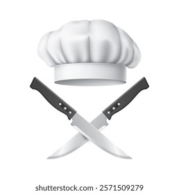 Chef hat with crossed knives. Restaurant or cafe symbol. Professional uniform for kitchen worker. Cooking vintage logo, realistic isolated culinary elements. Traditional headwear. Vector concept