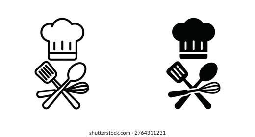 Chef hat with crossed spatula, spoon, and whisk, black and white set