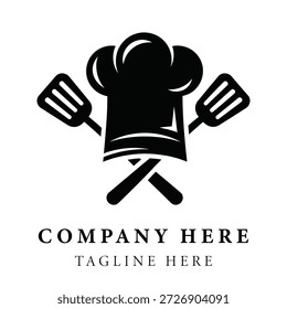 Chef hat and crossed spatulas logo template for restaurant or food business with sample company name and tagline