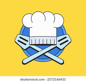 Chef hat with crossing spatula background in cartoon retro hand drawn illustration perfect for chef logo