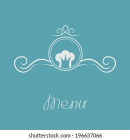 Chef hat crown and round abstract frame. Menu card with calligraphic element. Flat design style. Vector illustration