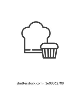 Chef hat and cupcake line icon. linear style sign for mobile concept and web design. Cook hat and muffin outline vector icon. Bakery pastry shop symbol, logo illustration. Vector graphics