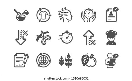 Chef hat, Customer survey, Approved application icons. Scissors cutting, Artificial intelligence icons. Interest rate, gluten free. Classic set. Quality set. Vector