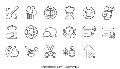 Chef hat, Customer survey, Approved application line icons. Scissors cutting, Certificate icons. Interest rate, gluten free. Linear set. Quality line set. Vector