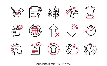 Chef hat, Customer survey, Approved application line icons. Scissors cutting, Artificial intelligence icons. Interest rate, gluten free. Linear set. Linear set. Quality line set. Vector