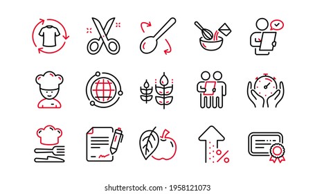 Chef hat, Customer survey, Approved application line icons. Scissors cutting, Certificate icons. Interest rate, gluten free. Linear set. Linear set. Quality line set. Vector