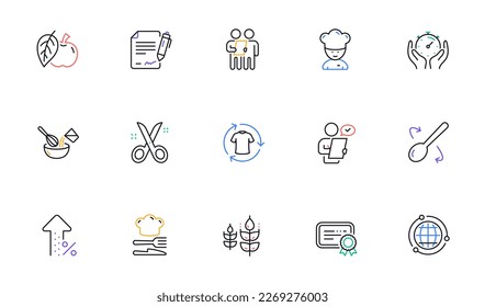 Chef hat, Customer survey, Approved application line icons. Scissors cutting, Certificate icons. Interest rate, gluten free. Linear set. Bicolor outline web elements. Vector