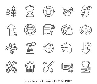 Chef hat, Customer survey, Fast delivery line icons. Approved application, Scissors cutting ribbon, Artificial intelligence icons. Percent decrease, interest rate, contract. Vector