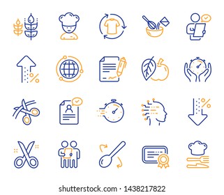 Chef hat, Customer survey, Fast delivery line icons. Approved application, Scissors cutting ribbon, Artificial intelligence icons. Percent decrease, interest rate, contract. Vector