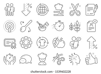 Chef hat, Customer survey, Fast delivery line icons. Approved application, Scissors cutting ribbon, Artificial intelligence icons. Percent decrease, interest rate, contract. Line signs set. Vector