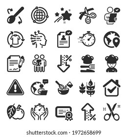 Chef hat, Customer survey, Fast delivery icons. Approved application, Scissors cutting ribbon, Artificial intelligence icons. Percent decrease, interest rate, contract. Flat icon set. Vector