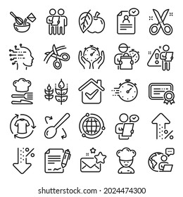 Chef hat, Customer survey, Fast delivery line icons. Approved application, Scissors cutting ribbon, Artificial intelligence icons. Percent decrease, interest rate, contract. Line icon set. Vector