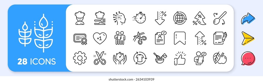 Chef hat, Customer survey, Fast delivery line icons. Interest rate, AI generate, Inflation icons. Approved application, Scissors cutting ribbon, Artificial intelligence icons. Vector