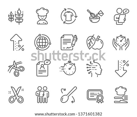 Chef hat, Customer survey, Fast delivery line icons. Approved application, Scissors cutting ribbon, Artificial intelligence icons. Percent decrease, interest rate, contract. Vector