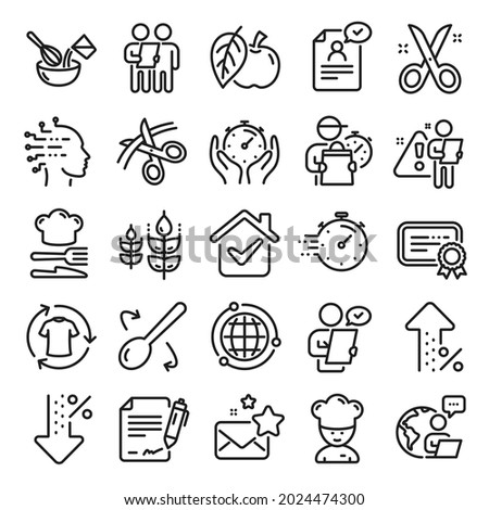 Chef hat, Customer survey, Fast delivery line icons. Approved application, Scissors cutting ribbon, Artificial intelligence icons. Percent decrease, interest rate, contract. Line icon set. Vector