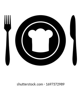 Chef hat and cutlery on white