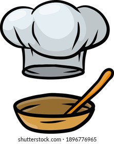 Chef hat and dish. Wooden spoon and plate. Cook white Clothes. Element of the restaurant and cafe logo. Cartoon drawn illustration