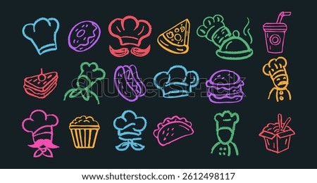 Chef hat doodle. Fast food crayon drawing. Chalk sketch icon. Kitchen emblem or label burger, hotdog. Restaurant graphic. Professional cooks. Vector colorful cooking shapes tidy isolated illustration