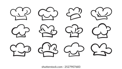 Chef Hat doodle line Art Drawing Icon Design Elements Collection. Logo hand drawn set isolated. Vector illustration