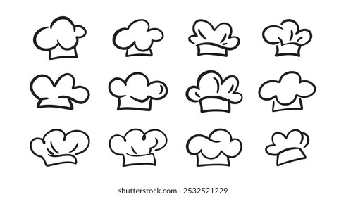 Chef Hat doodle line Art Drawing Icon Design Elements Collection. Logo hand drawn set isolated. Vector illustration