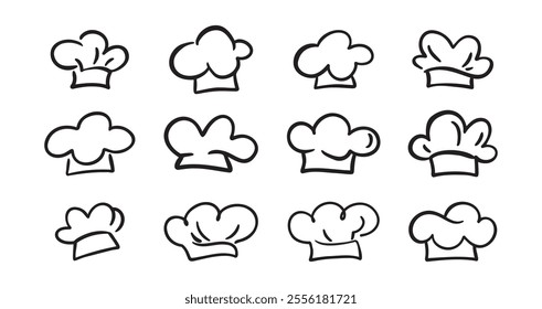 Chef Hat doodle line Art Drawing Icon Design Elements Collection. Logo hand drawn set isolated. Vector illustration