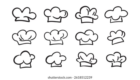 Sombrero de Chef doodle línea Arte Dibujo Icono Elementos de diseño Colección. Logo dibujado a mano conjunto aislado. Ilustración vectorial