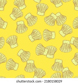 Chef hat engraved seamless pattern. Kitchen traditional element for cook in hand drawn style. Sketch texture for fabric, wallpaper, textile, print, title, wrapping paper. Vector illustration.