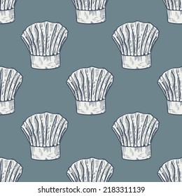 Chef hat engraved seamless pattern. Kitchen traditional element for cook in hand drawn style. Sketch texture for fabric, wallpaper, textile, print, title, wrapping paper. Vector illustration.