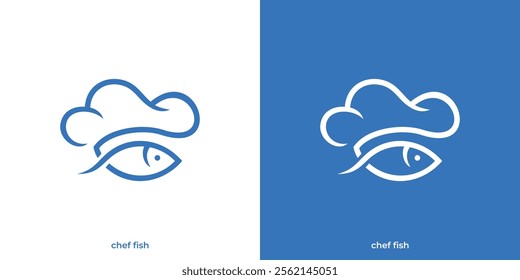 Chef Hat and Fish Combination Concept Lineart Outline Style. Restaurant Seafood Logo Design Template.